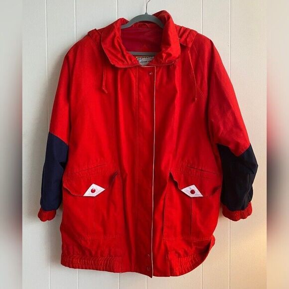 Current Seen Coat Women’s Large Red Blue Hood Oversized Storm Coat Russia - Picture 1 of 7